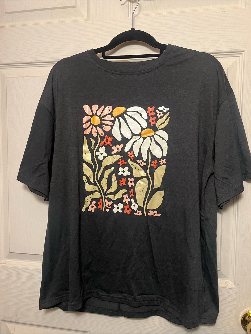 SHEIN Black Graphic Tee with Small Red Heart Detail